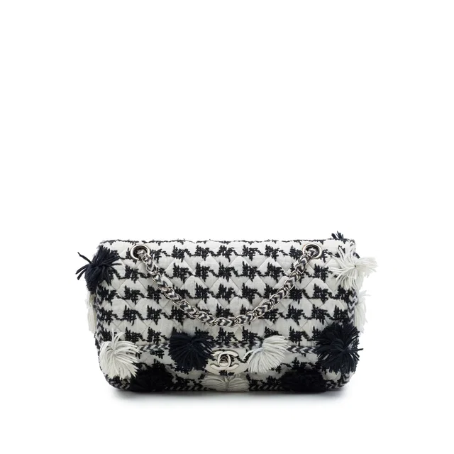 Black Chanel Medium Classic Embroidered Canvas Houndstooth Pom Flap Shoulder Bag in Black Canvas from Designer Revival