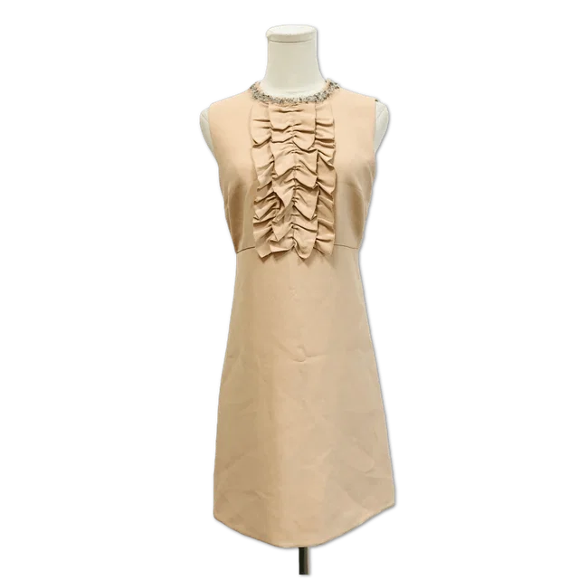 Miu Miu Beige Ruffled Crystal-Trim Sleeveless Mini Dress size 40 in Beige from Luxury Promise