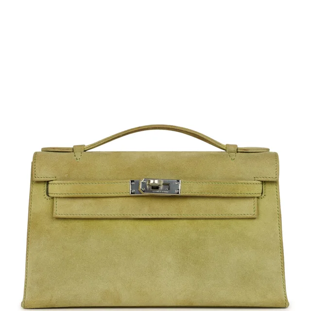 Hermès Vintage Kelly Pochette Vert Anis Doblis Palladium Hardware in Green Suede from Madison Avenue Couture