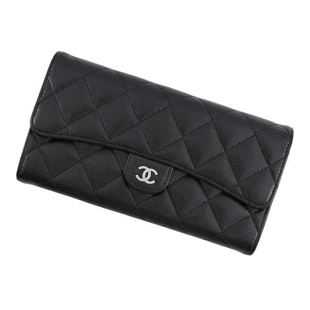 Chanel Wallet Classic Long Flap Quilted CC Logo Caviar Leather Black in Black Caviar leather from The Reluxe