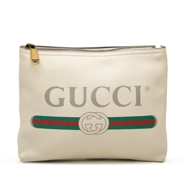 White Gucci Leather Gucci Logo Clutch in White Leather from Designer Revival