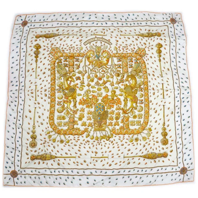 Hermès Carre 90 Tresors Retrouves Hidden Treasure with Card White Orange Scarf in White Silk from The Reluxe