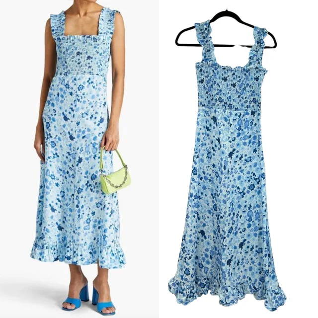 GANNI Printed Cotton Poplin Maxi Dress Smocked Heather Blue Size 34 Us 2 in black from Poshmark
