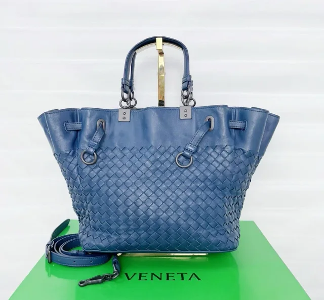 Bottega Veneta Intrecciato Leather Convertible Tote Bag in Blue Woven leather from Luxury Promise