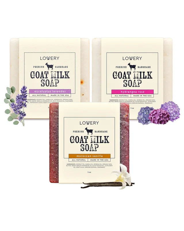 Lovery 3-Pack Handmade Goat Milk Soap Bars: Eucalyptus Lavender, Moroccan Vanilla, & Hydrangea Rose, image 1 of 1 from Rue La La