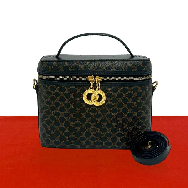 Celine Vintage Macadam Blason Triomphe Pattern Leather 2-Way Shoulder Bag Black in Black Leather from The Reluxe