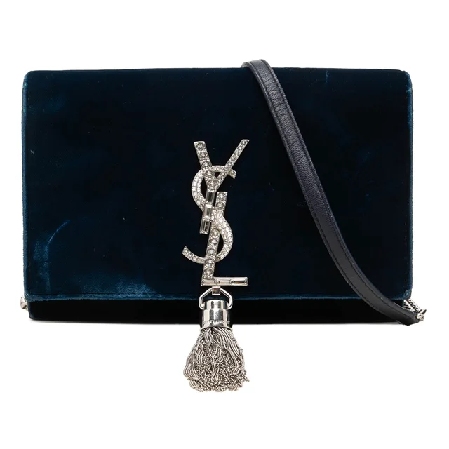 Blue Saint Laurent Velvet Crystal Monogram Kate Tassel Wallet On Chain Crossbody Bag in Blue Velvet from Designer Revival, photo 1 of 1