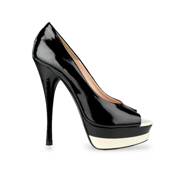 Versace and White Patent Leather Double Platform Peep Toe Heels in Black Patent Leather from Designer Archives