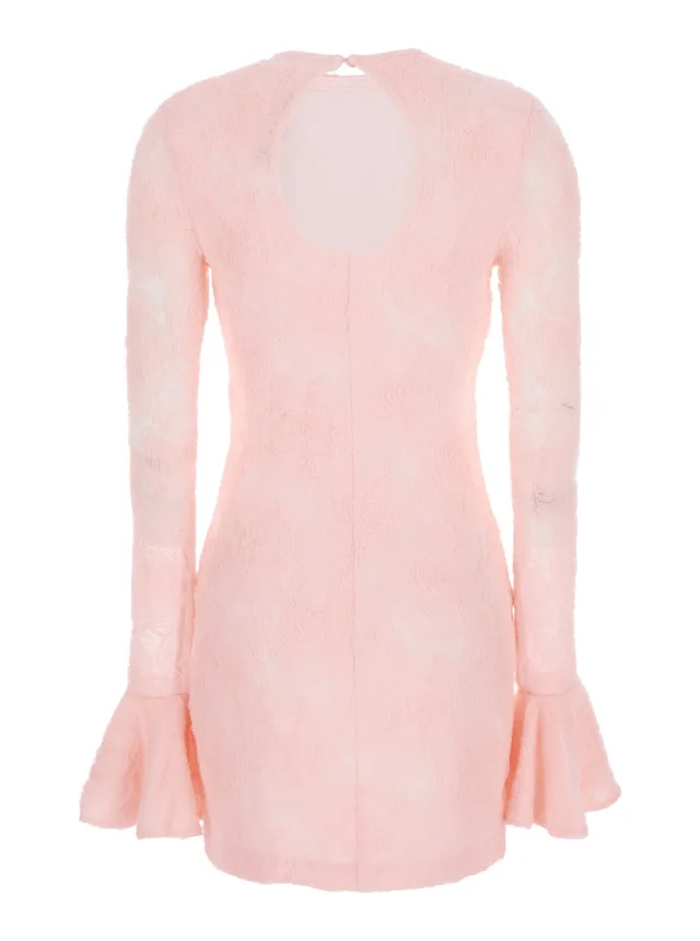 Rotate Dress with Drop Neckline on the Back and All-Over Embroidered Floral Motif in Pink Fabric for Women in Pink, photo 3 of 6 from Gaudenzi Boutique
