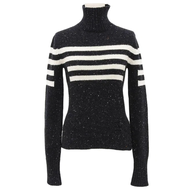 Chanel Sporty Border Pattern CC Mark Design Knit Top #34 Gray/Ivory in White Wool from VINTAGE QOO TOKYO