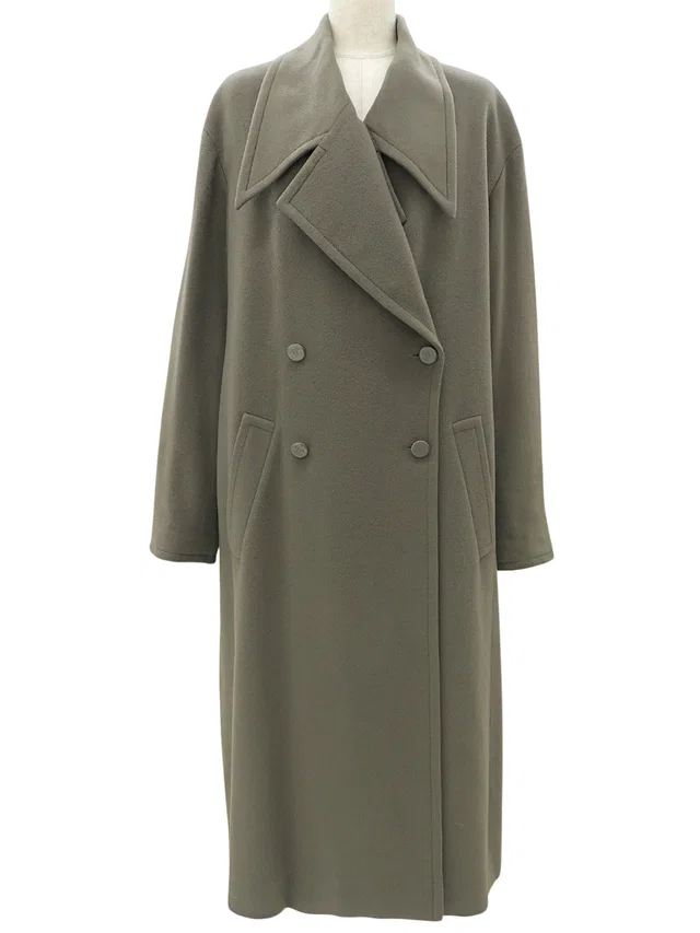 Chanel 1998 CC Mark Button Long Coat #42 Khaki in Green Silk from VINTAGE QOO TOKYO