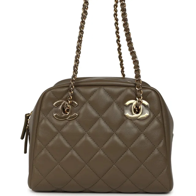 Chanel Small Bowling Bag Dark Khaki Lambskin Gold Hardware in Green Lambskin from Madison Avenue Couture