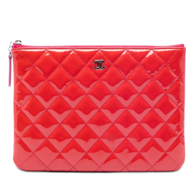 Red Chanel Small Quilted Patent O Case Clutch in Red Patent leather from Designer Revival