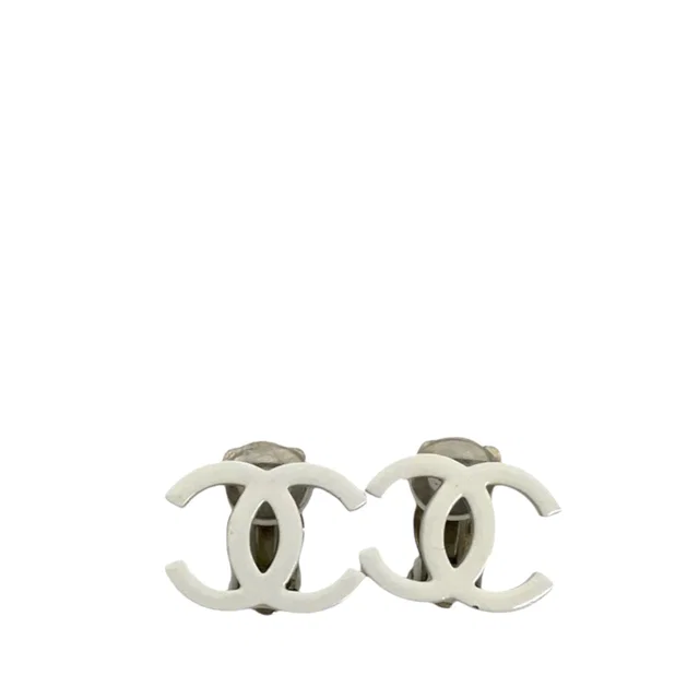Silver Chanel CC Silver Plated Lacquered Clip On Earrings in Silver from Designer Revival