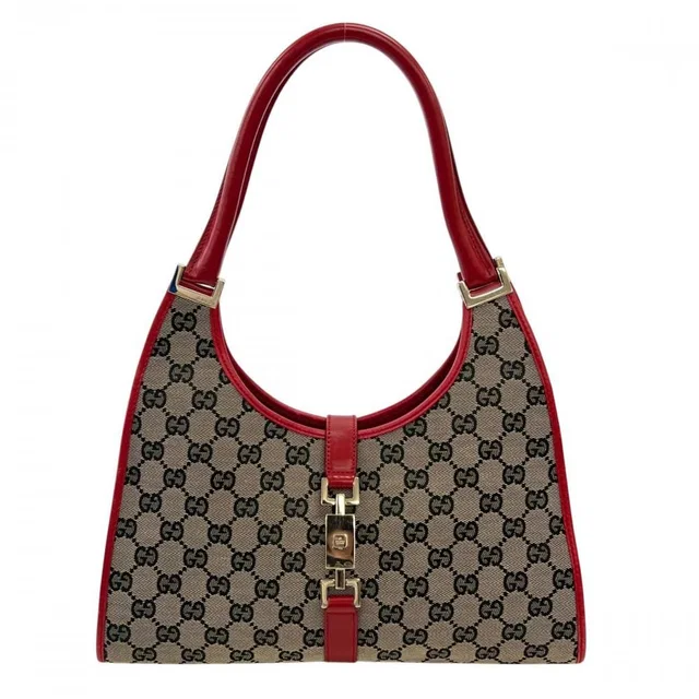 Gucci Handbag Jackie 002 GG Canvas Leather Red Gold in Red Canvas from The Reluxe