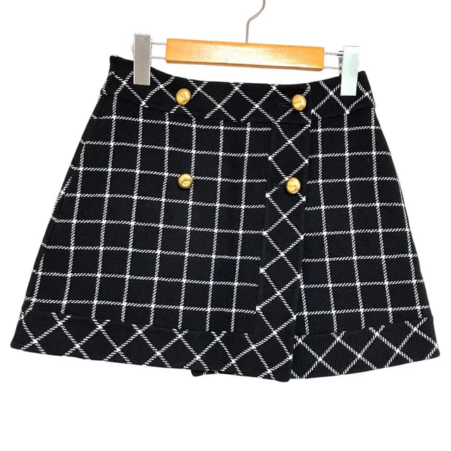 Dior Logo Button Plaid Tweed Wrap Skirt Mini Black in Black Tweed from The Reluxe