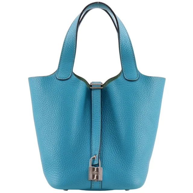Hermès Picotin Lock 18 PM Taurillon Clemence Blue Green Silver Handbag in Blue Clemence leather from The Reluxe
