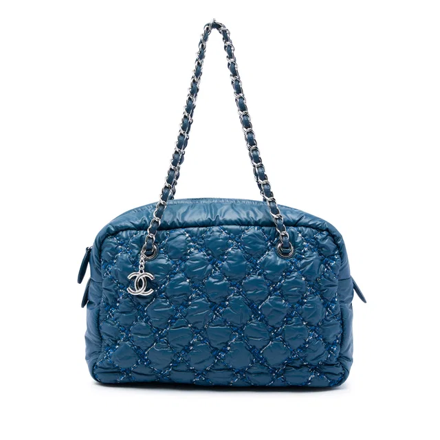 Blue Chanel Paris Byzance Nylon Tweed On Stitch Bowler Bag in Blue Nylon from Designer Revival