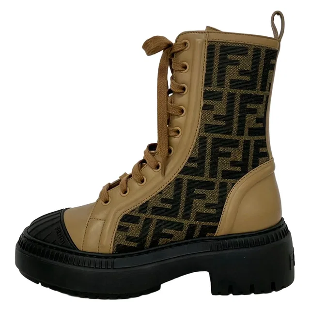 Fendi Short Boots Khaki Light Brown Black Zucca Pattern Leather 36 in Black Leather from The Reluxe