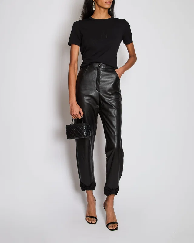 Chanel 23/P Black Leather Trousers with Suede Bow Ankle Detail Size FR 36 (UK 8) in Black Suede from Sellier
