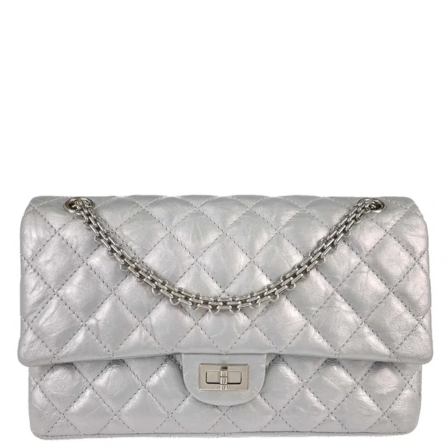 Chanel 2017-2018 Silver Calfskin 2.55 Double Flap Shoulder Bag in Silver Calfskin from AMORE Vintage Tokyo