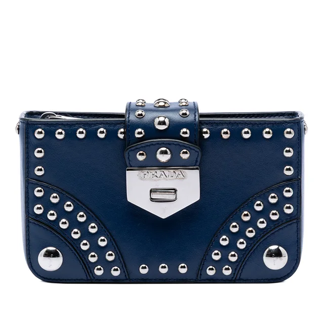 Blue Prada City Calfskin Studded Elektra Turn Lock Clutch in Blue Calfskin from Designer Revival