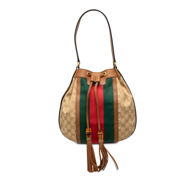 Beige Gucci GG Canvas Web Rania Drawstring Hobo in Beige Canvas from Designer Revival