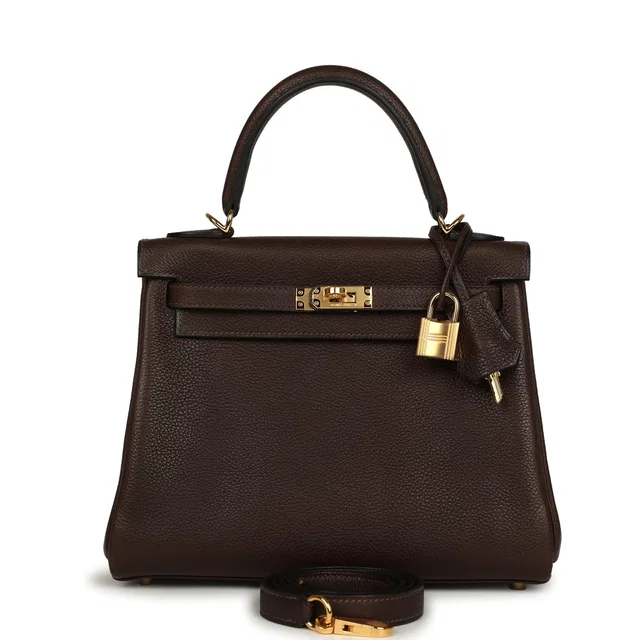 Hermès Kelly Retourne 25 Ebene Barenia Faubourg Gold Hardware in Brown Calfskin from Madison Avenue Couture