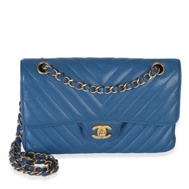 Chanel Blue Chevron Lambskin Small Classic Double Flap Bag Leather Handbag in Blue Lambskin from HEWI