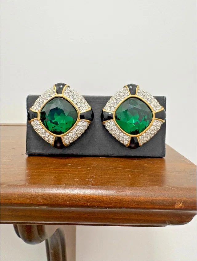 Bold Glam Swarovski Gold Tone W/ Green Glass Faceted Center Black Enamel Clip On in gold from Poshmark