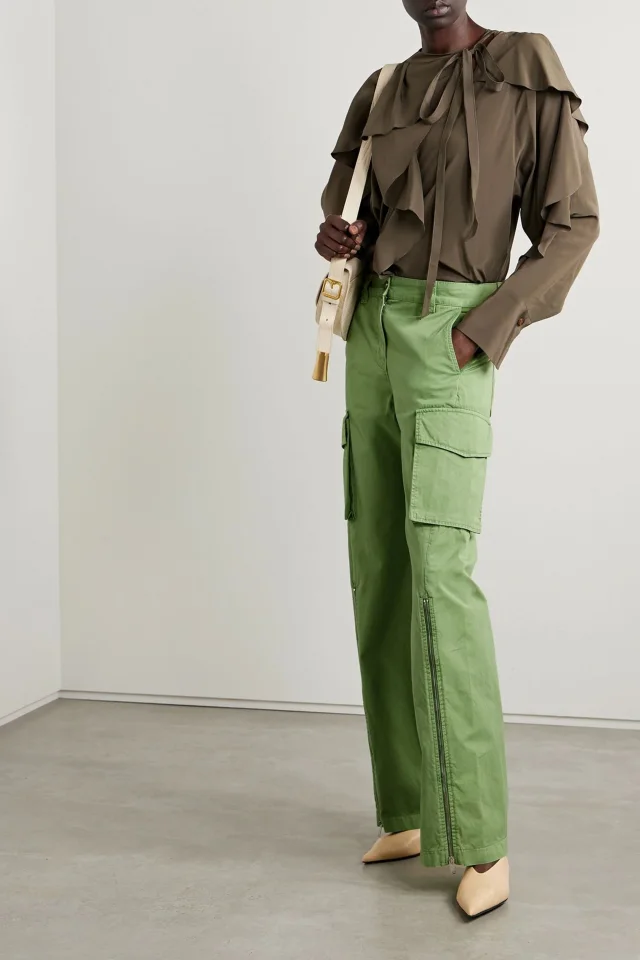 Stella McCartney Corduroy-Trimmed Cotton-Twill Wide-Leg Cargo Pants in Leaf green, photo 2 of 4 from THE OUTNET