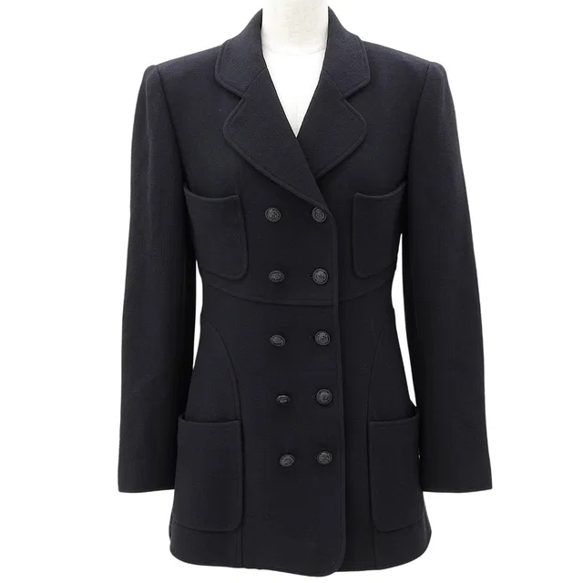 Chanel 1997 CC Mark Button Double-Breasted Jacket #38 Navy in Navy Wool from VINTAGE QOO TOKYO