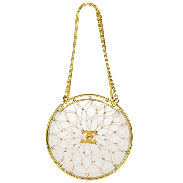 Chanel 1990s Minaudiere Dreamcatcher Beaded Gold Transparent Round Circle Bag in Gold Resin from AMORE Vintage Tokyo