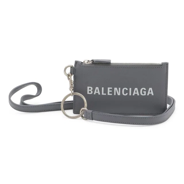Balenciaga Logo Cash Coin Purse Card Case Fragment Leather Gray Neck Strap in Grey Leather from The Reluxe