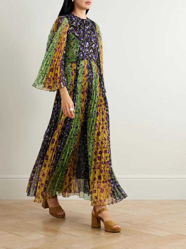 LA DOUBLEJ Angel pleated printed chiffon maxi dress in Green, photo 2 of 2 from NET-A-PORTER (Canada)
