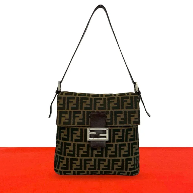 Fendi Vintage Zucca FF Pattern Canvas Leather Shoulder Bag Brown Black in Black Canvas from The Reluxe