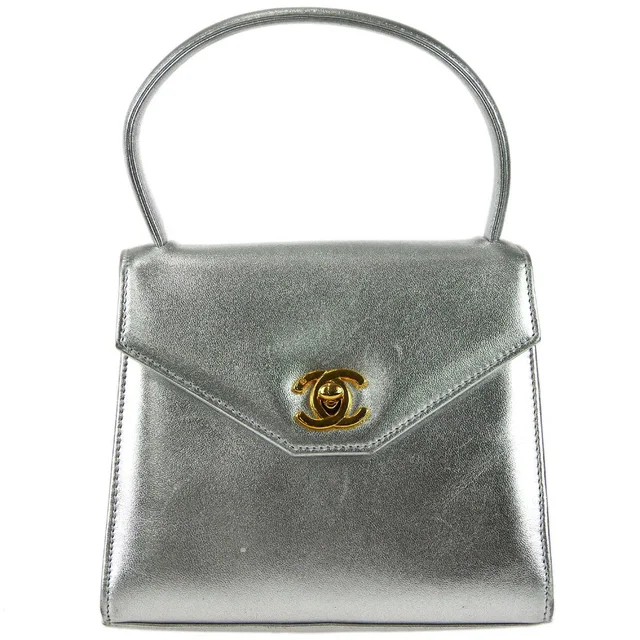Chanel 1996-1997 Silver Lambskin Top Handle Bag in Silver Lambskin from AMORE Vintage Tokyo