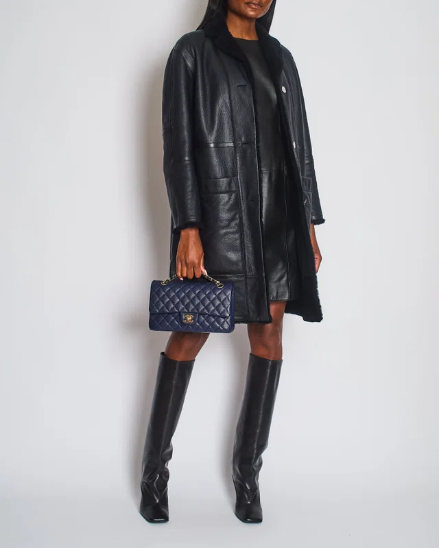 Hermès Navy Reversible Shearling Jacket with Silver Button Detail Size FR 36 (UK 8) in Navy Lambskin from Sellier