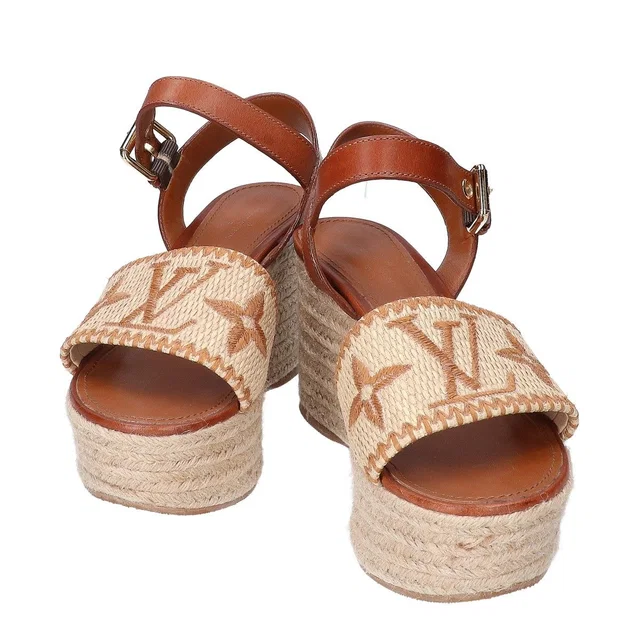 Louis Vuitton Monogram Jacquard Boundary Line Straw Jute Platform Wedge Sole in Raffia from The Reluxe