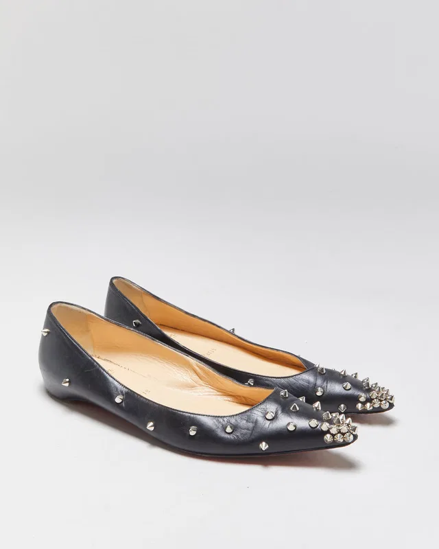 Christian Louboutin Women's Black Leather Degra Spike Pointed Toe Ballet Flats - UK5.5 in Black Leather from Rokit Vintage