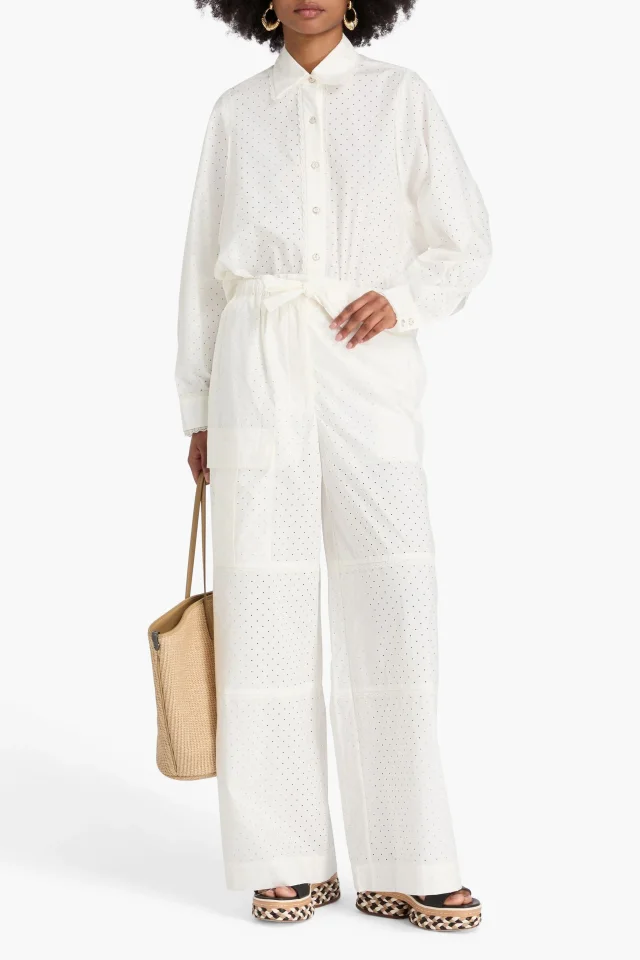 Zimmermann Lace-Trimmed Perforated Cotton Cargo Pants in Ivory, photo 2 of 4 from THE OUTNET