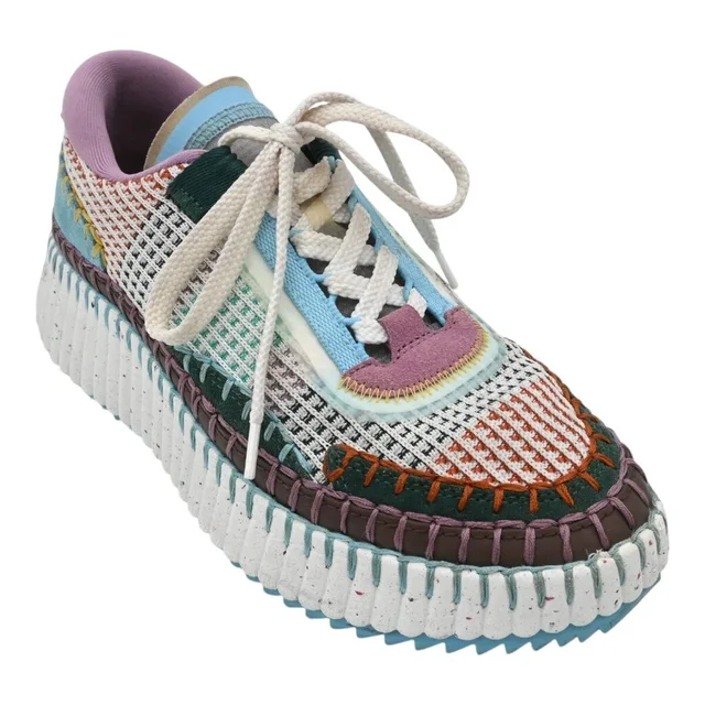 Chloé Nama Hand-Stitched Multicolor Platform Sneakers in Multicolor Suede from Clotheshorse Anonymous