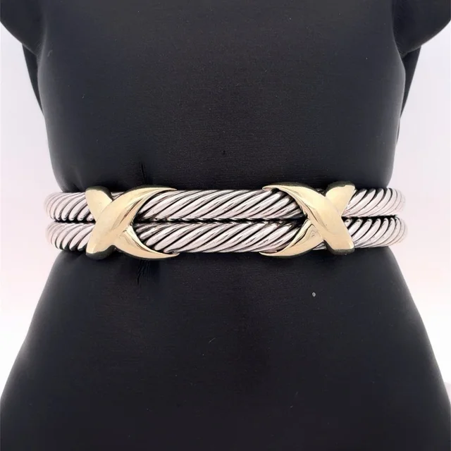 David Yurman Sterling Silver 14k Gold 10mm Double X Station Open Cuff Bracelet in silver|gold|gray from Poshmark