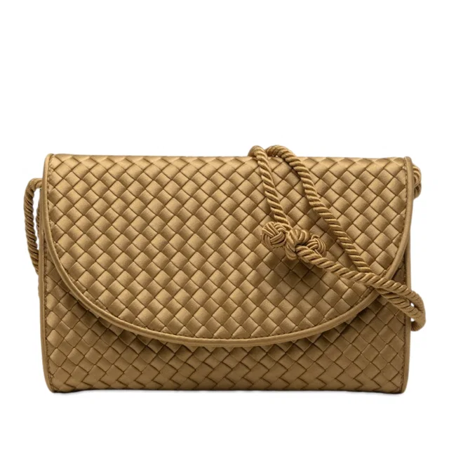 Gold Bottega Veneta Satin Intrecciato Flap Shoulder Bag in Gold Woven leather from Designer Revival