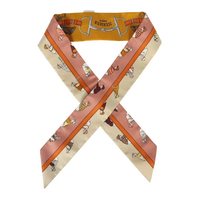 Hermès "Turf, Les Courses" Safran, Orange Cuit, Beige Dore Silk Twilly in Beige Silk from Madison Avenue Couture