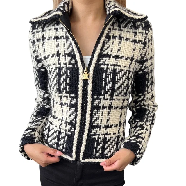 Celine Vintage Macadam Logo Tweed Jacket Zip Black White Gold Wool Collar in Black Tweed from Luxury Promise