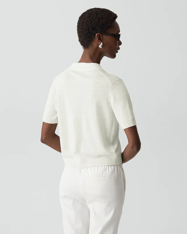 Theory Sheer Polo Shirt in Linen Knit in LIGHT SEA GLASS, photo 3 of 14 from Theory