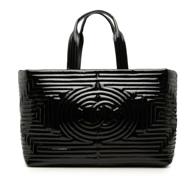 Black Chanel Vinyl Coco Ming Grand Shopping Tote in Black Leather from Designer Revival