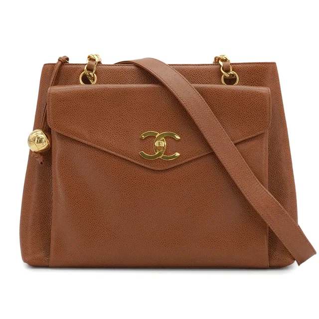 Chanel Vintage Coco Ball Chain Tote Shoulder Bag Brown Caviar Skin Gold Hardware in Brown Caviar leather from Luxury Promise