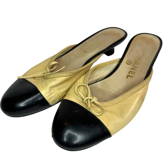 Chanel Vintage Lambskin Black/Beige Kitten Heels Mules Size 39 in black Lambskin from Poshmark